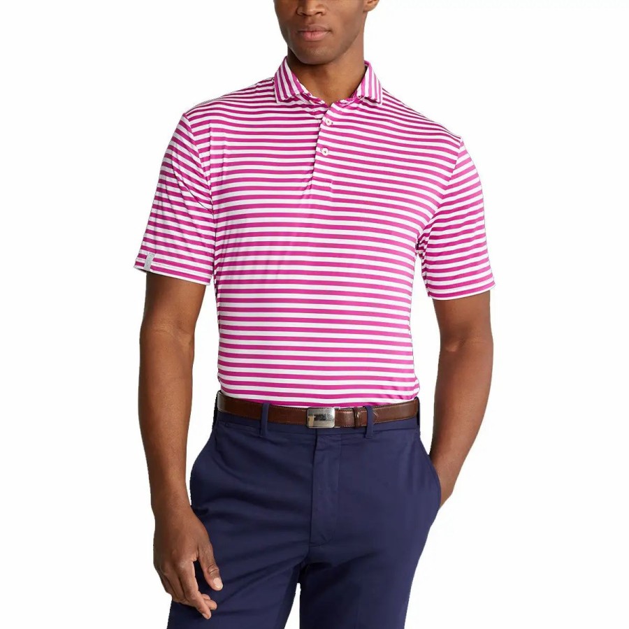 Clothes * | Polo Ralph Lauren Rlx Ralph Lauren Featherweight Pencil Stripe Vivid Pink Mens Golf Polo Vivid Pink/Wht