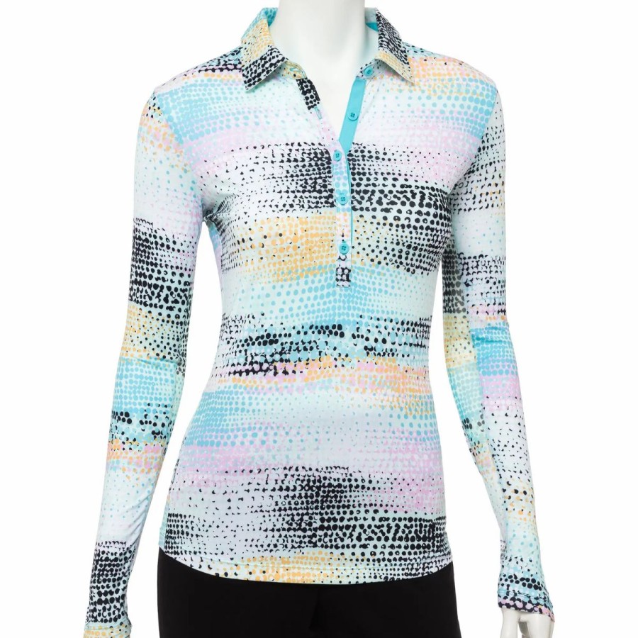 Clothes * | Ep Ny Overlapping Dots Print Womens Long Sleeve Sun Shirt 4095 Fiji Blue